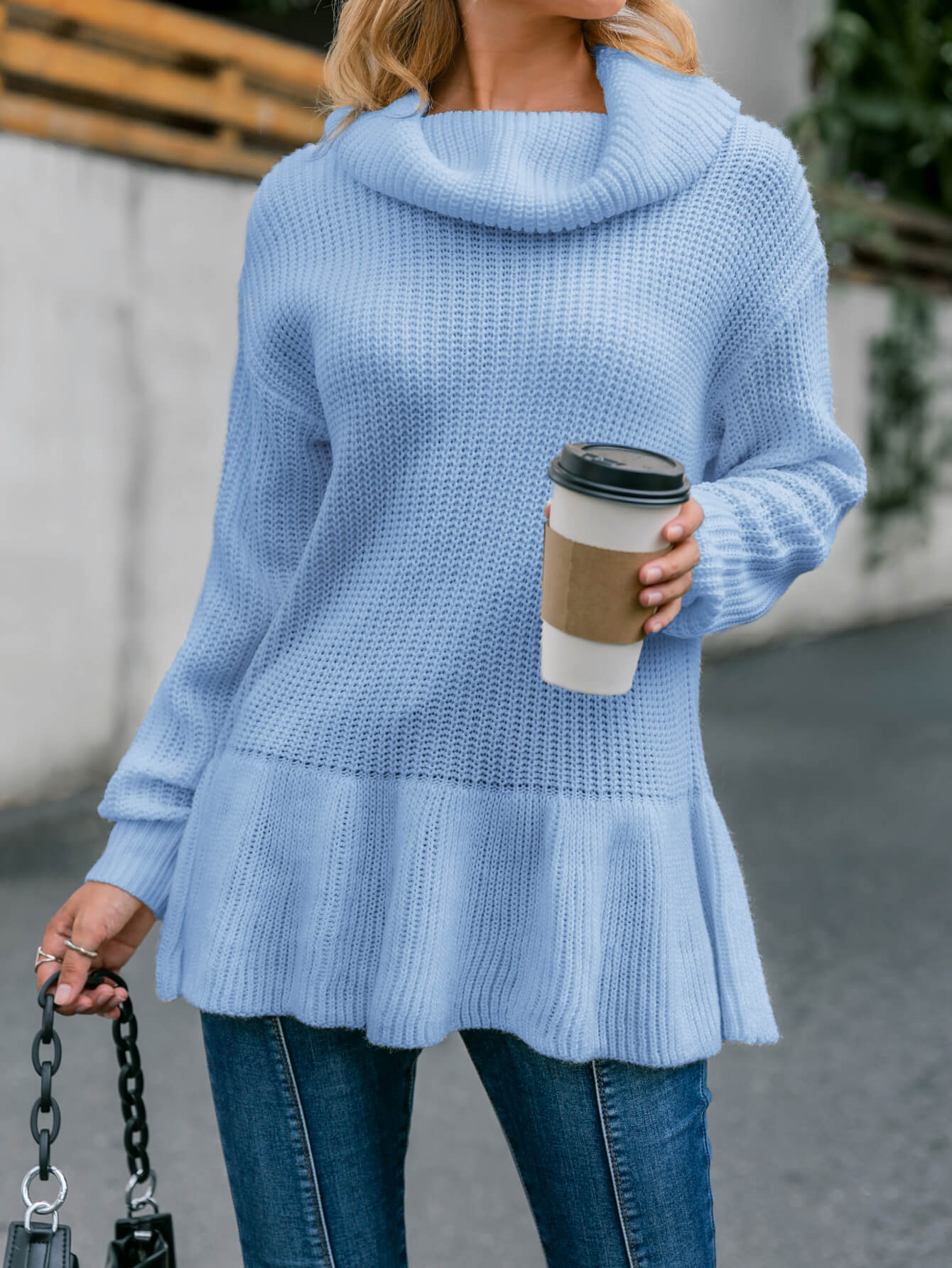 Ruffle Hem Rib-Knit Cowl Neck Sweater