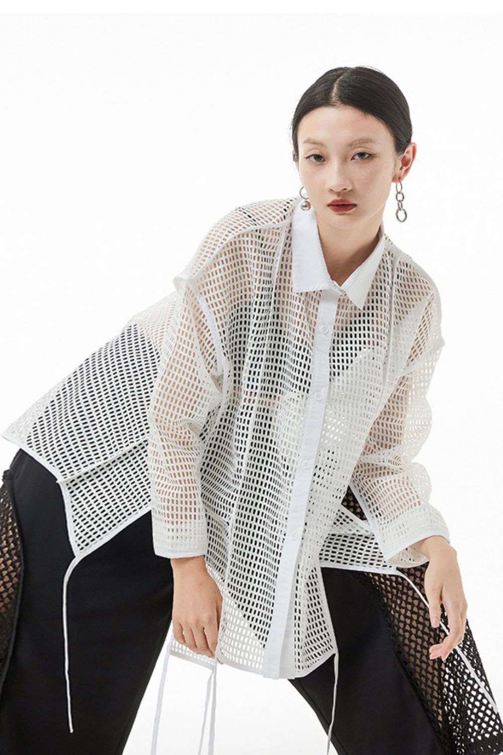 Openwork Mesh Slit Long Sleeve Shirt