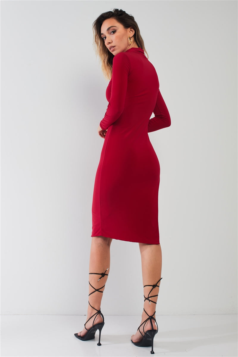 Passion Red Turtle Neck Long Sleeve Super Deep Side Slit With Tie Detail Midi Dress - Marie Lashaays 