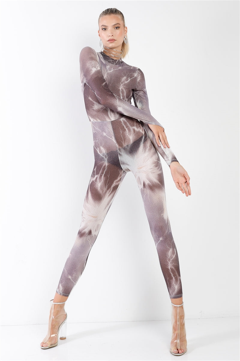 Purple-grey Lightning Print Mock Neck Long Sleeve With Finger Loop Fitted Catsuit /jumpsuit - Marie Lashaays 