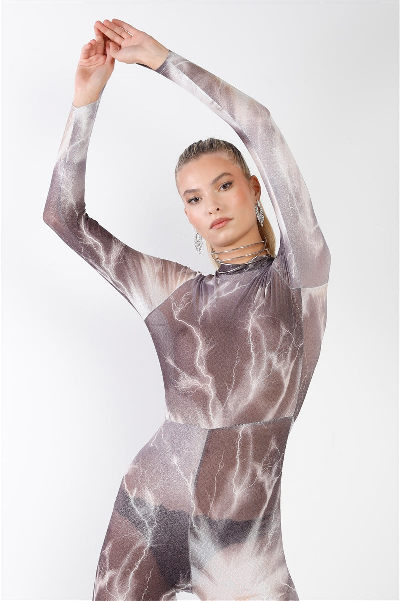 Purple-grey Lightning Print Mock Neck Long Sleeve With Finger Loop Fitted Catsuit /jumpsuit - Marie Lashaays 