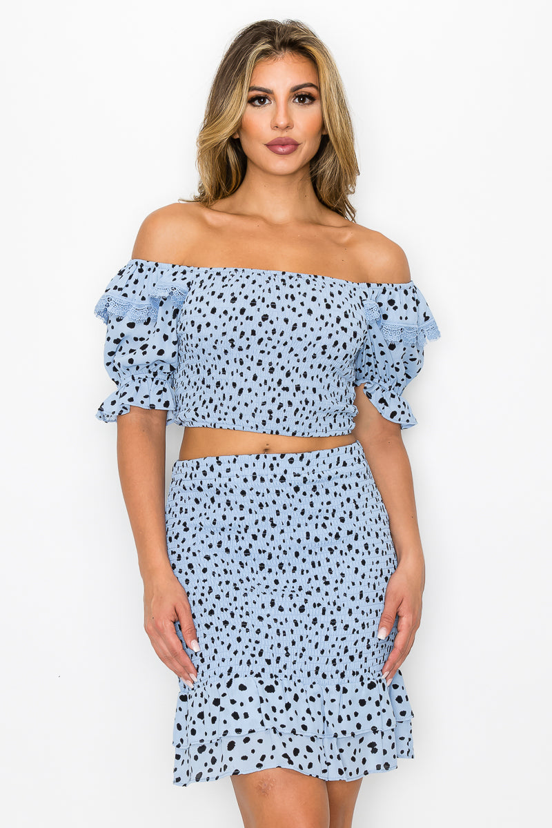 Smocking Ruffled Printed Top & Skirts Set - Marie Lashaays 