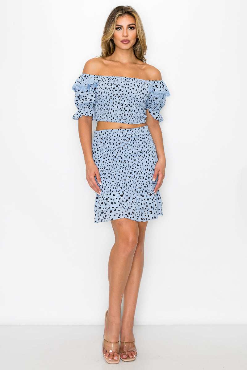 Smocking Ruffled Printed Top & Skirts Set - Marie Lashaays 