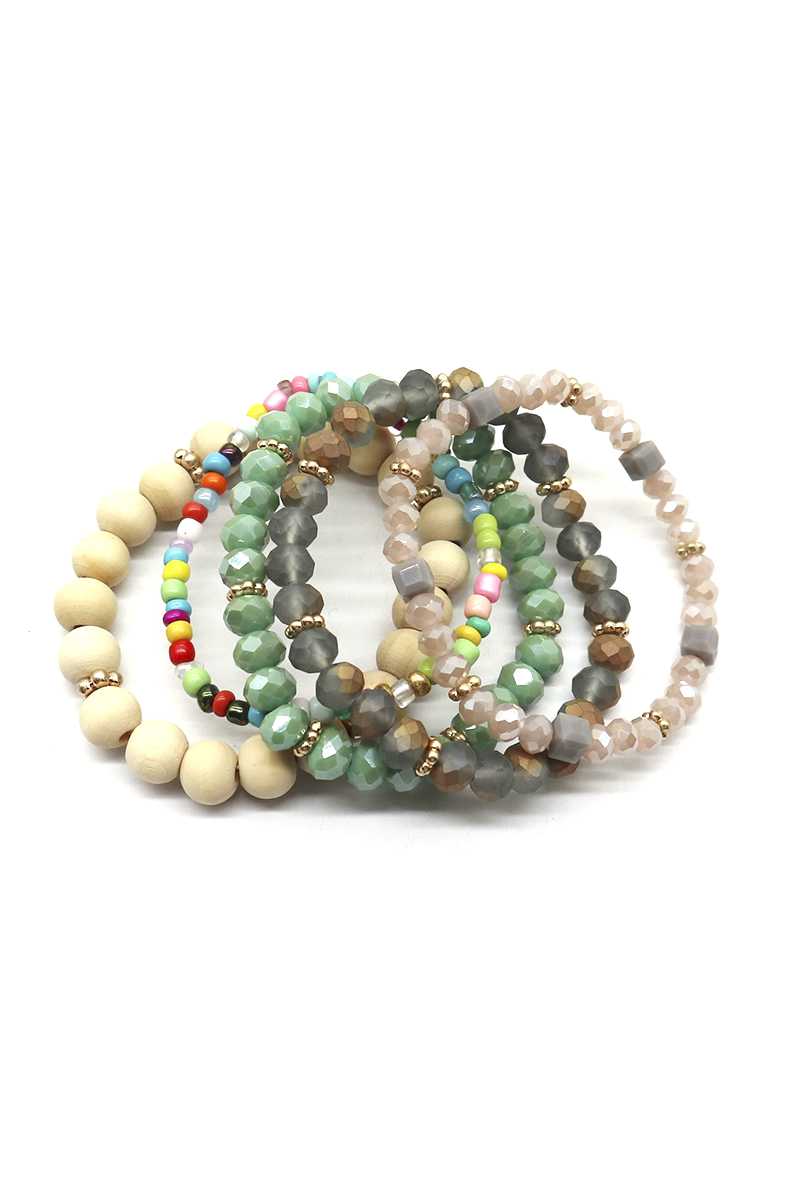 Wood Crystal Metal Bead Stretch Bracelet Set - Marie Lashaays 