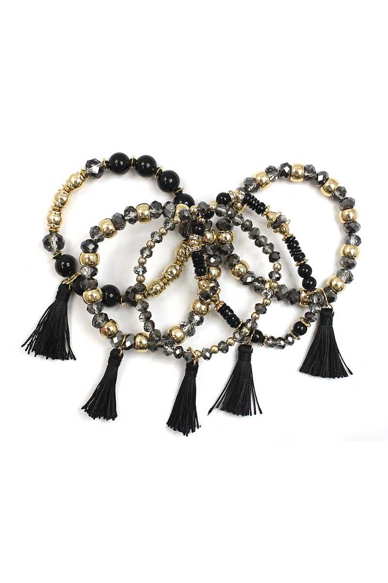 Crystal Stone Ball Bead Tassel Stretch Bracelet Set - Marie Lashaays 