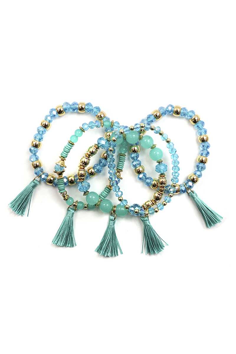 Crystal Stone Ball Bead Tassel Stretch Bracelet Set - Marie Lashaays 