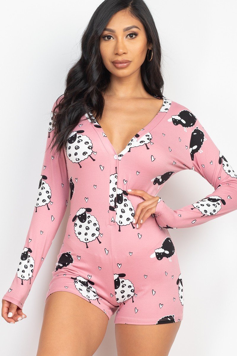 Sheep Print V-neck Button Romper - Marie Lashaays 