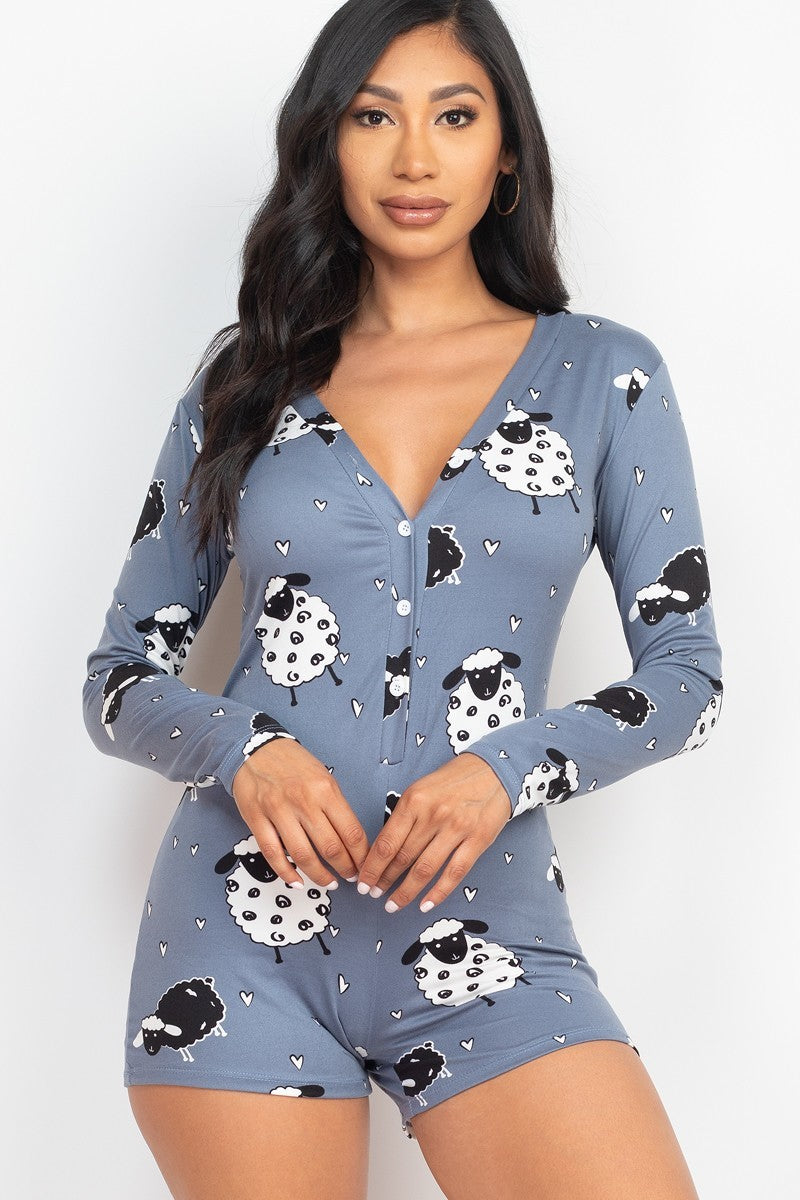 Sheep Print V-neck Button Romper - Marie Lashaays 