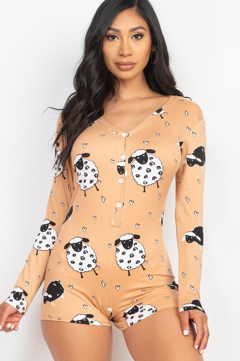 Sheep Print V-neck Button Romper - Marie Lashaays 