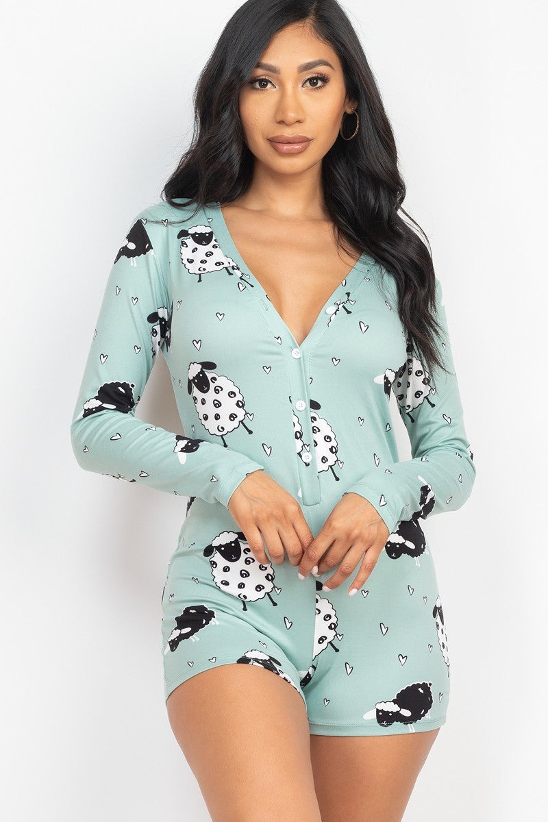 Sheep Print V-neck Button Romper - Marie Lashaays 