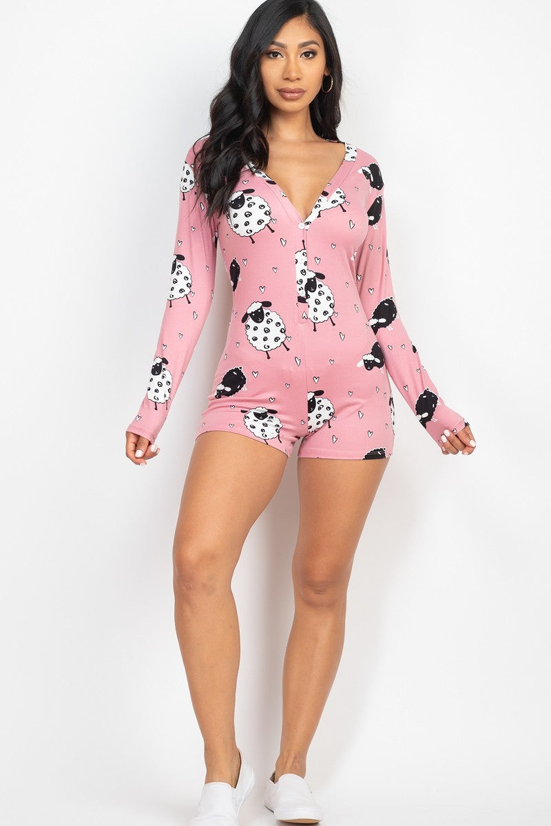 Sheep Print V-neck Button Romper - Marie Lashaays 