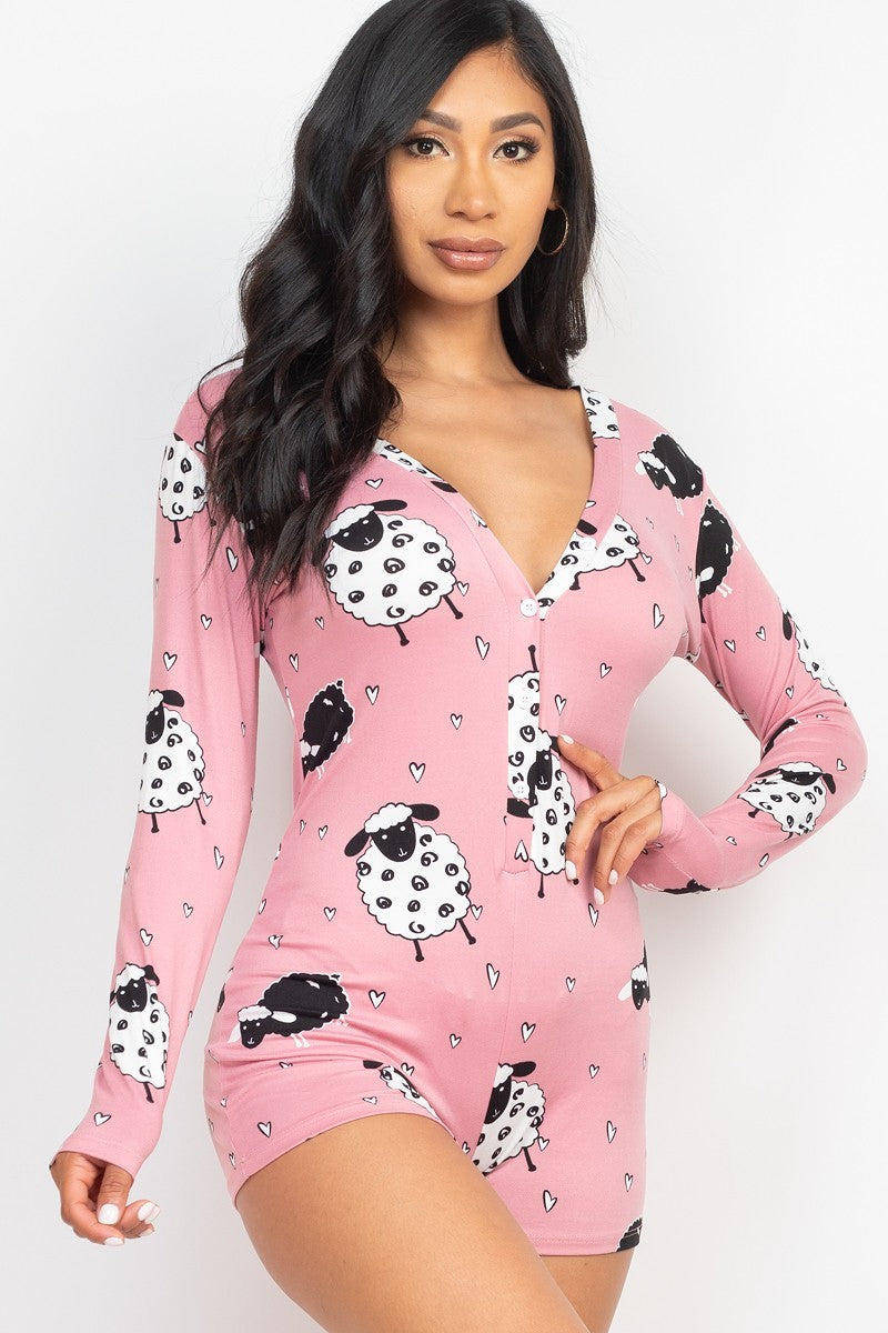 Sheep Print V-neck Button Romper - Marie Lashaays 