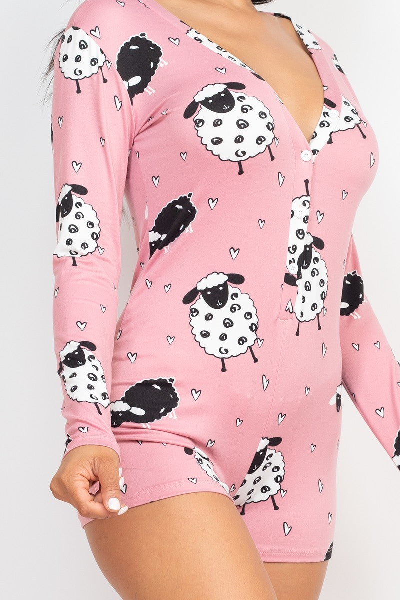 Sheep Print V-neck Button Romper - Marie Lashaays 