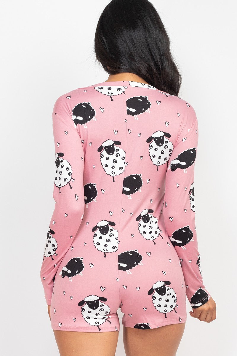 Sheep Print V-neck Button Romper - Marie Lashaays 