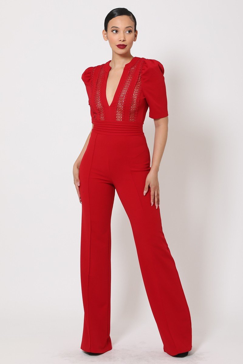 Deep V-neck Crochet Bodice Jumpsuit - Marie Lashaays 