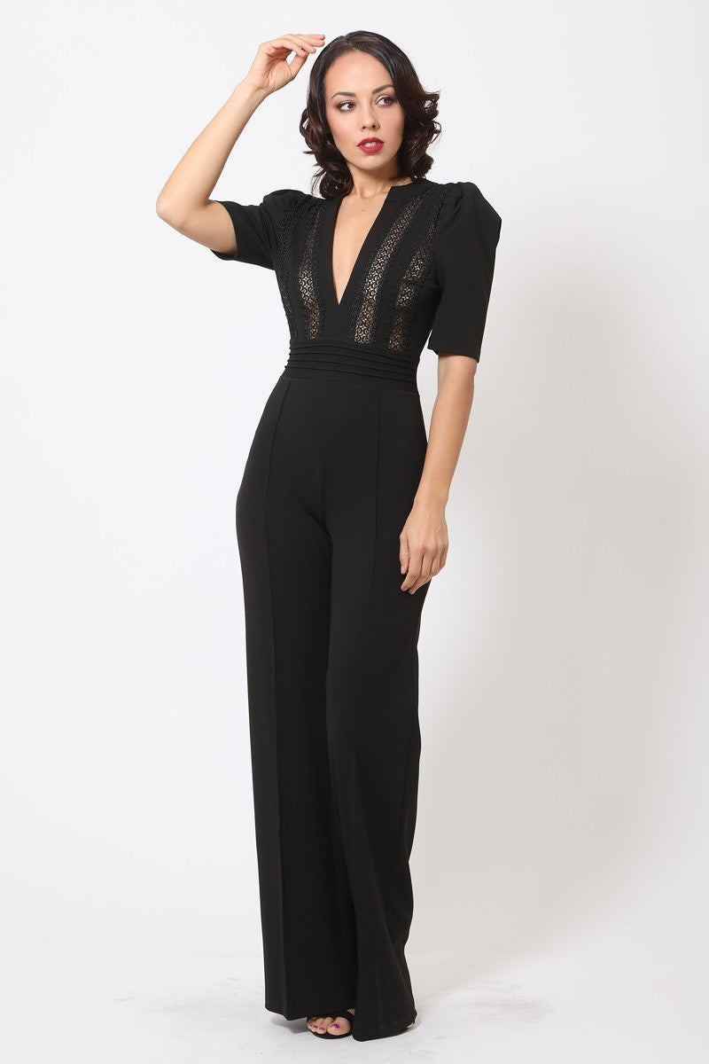 Deep V-neck Crochet Bodice Jumpsuit - Marie Lashaays 