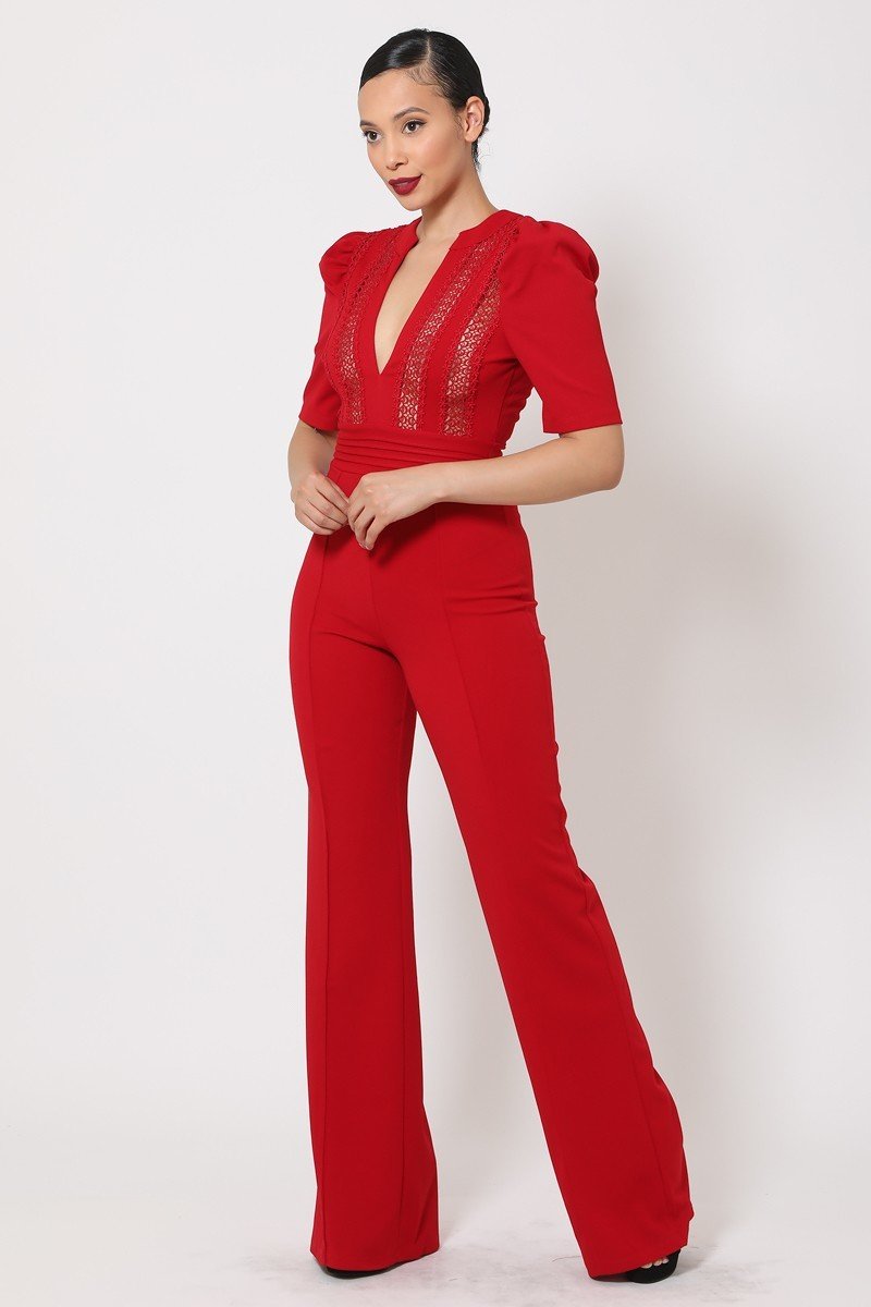 Deep V-neck Crochet Bodice Jumpsuit - Marie Lashaays 