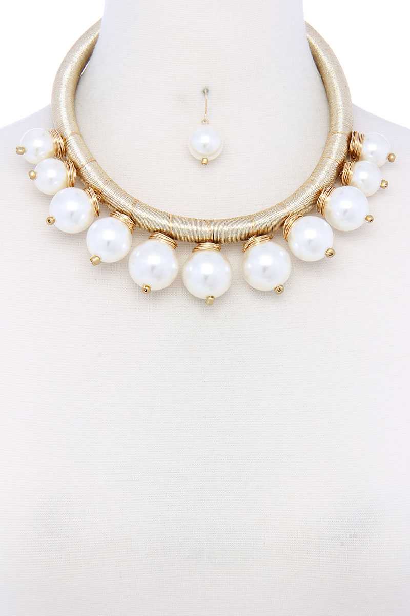 Pearl Metallic Thread Necklace And Earring Set - Marie Lashaays 