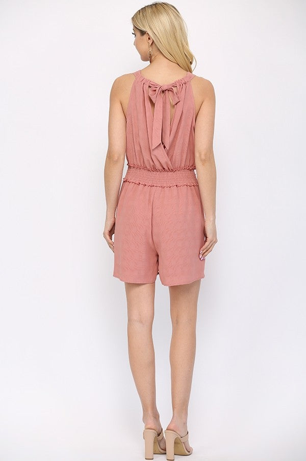 Textured Woven And Smocking Waist Romper With Back Open And Tie - Marie Lashaays 