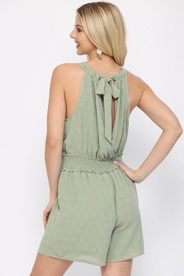 Textured Woven And Smocking Waist Romper With Back Open And Tie - Marie Lashaays 