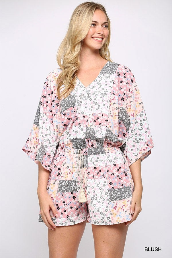 Patchwork Printed Surplice Romper With Waist Tassel Tie And Bottom Lining - Marie Lashaays 