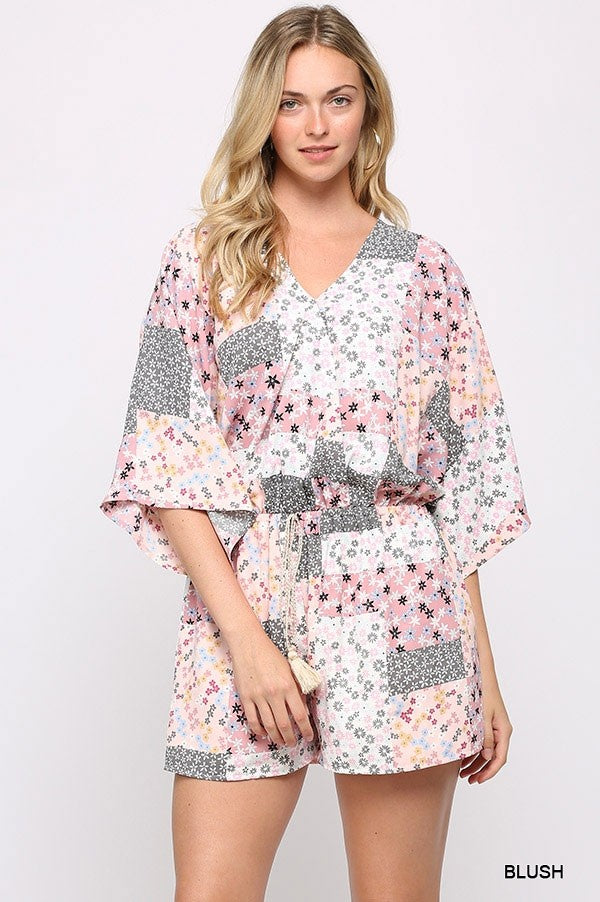 Patchwork Printed Surplice Romper With Waist Tassel Tie And Bottom Lining - Marie Lashaays 