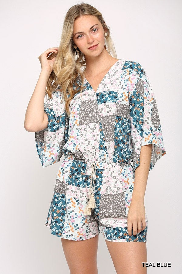 Patchwork Printed Surplice Romper With Waist Tassel Tie And Bottom Lining - Marie Lashaays 