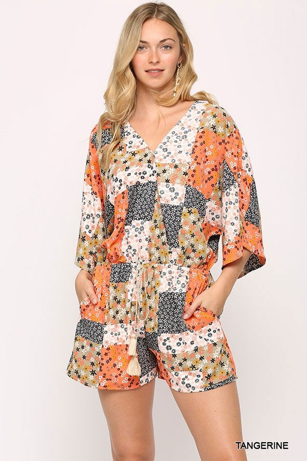 Patchwork Printed Surplice Romper With Waist Tassel Tie And Bottom Lining - Marie Lashaays 