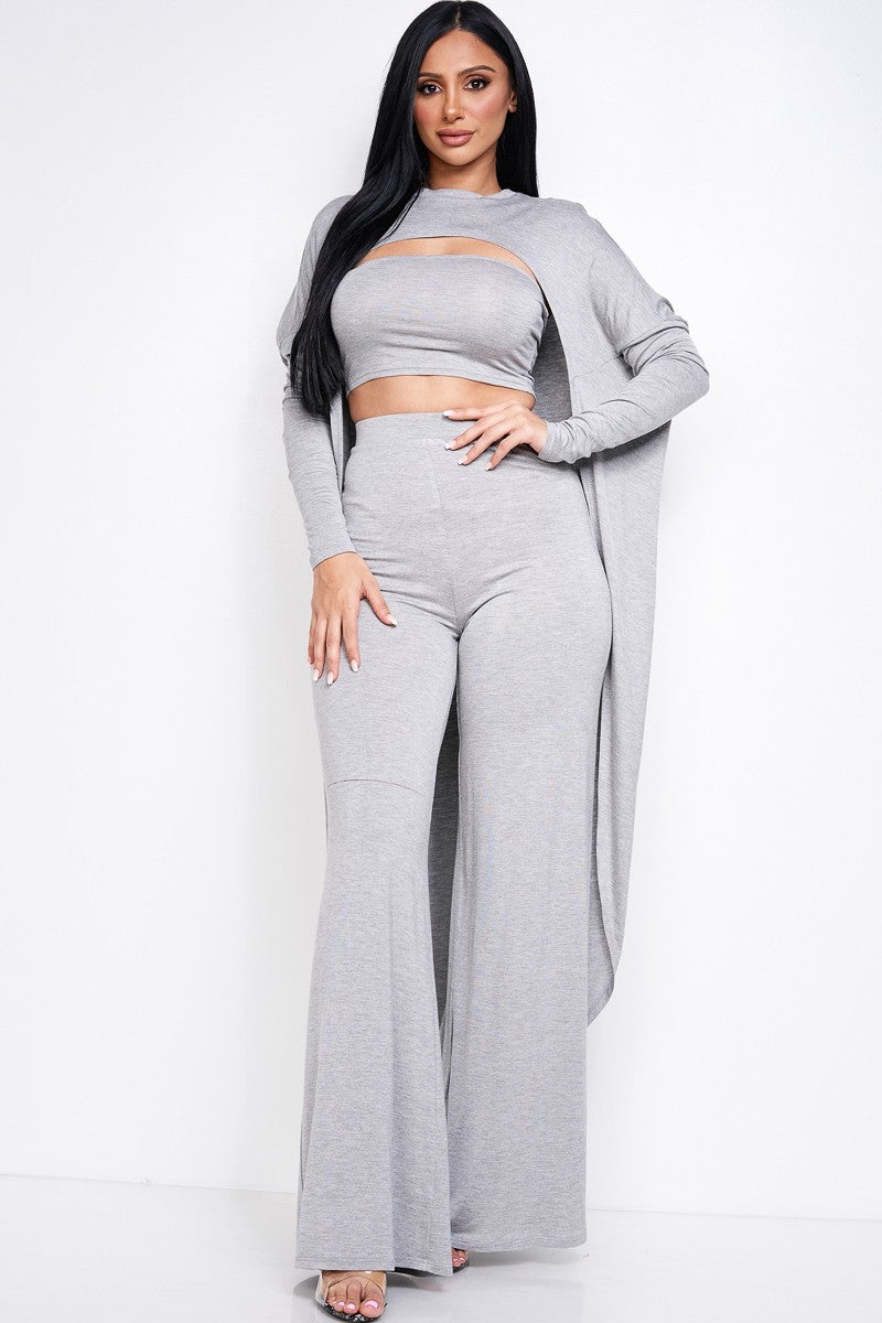 Solid Heavy Rayon Spandex Tube Top, Long Sleeve Cape Top And Wide Leg Pants 3 Piece Set - Marie Lashaays 