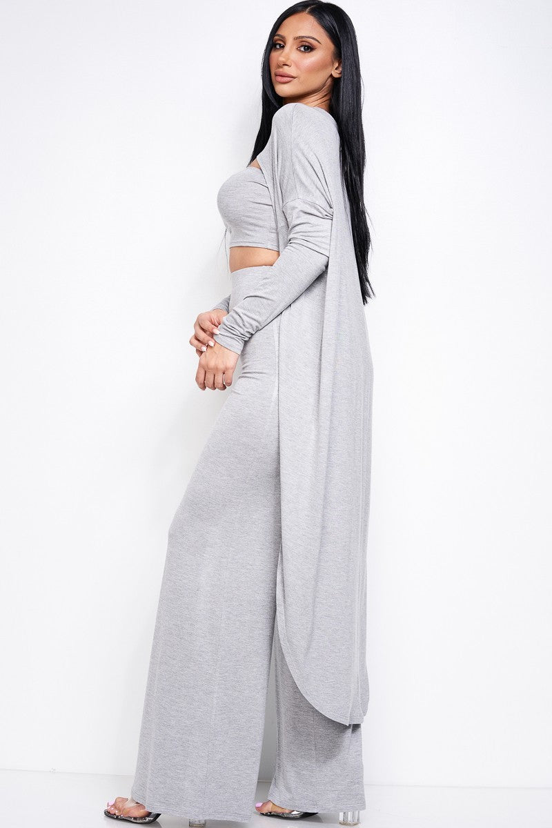 Solid Heavy Rayon Spandex Tube Top, Long Sleeve Cape Top And Wide Leg Pants 3 Piece Set - Marie Lashaays 