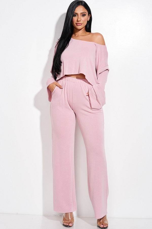 Solid French Terry Long Slouchy Long Sleeve Top And Pants With Pockets Two Piece Set - Marie Lashaays 