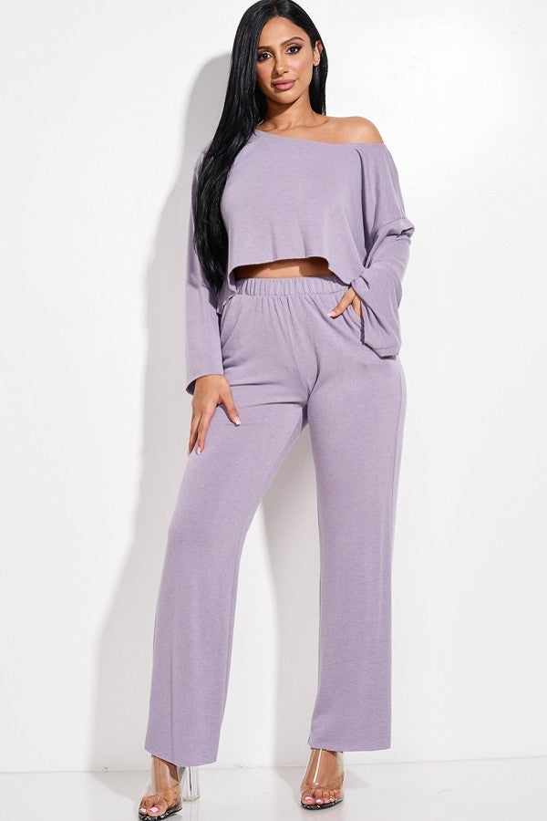 Solid French Terry Long Slouchy Long Sleeve Top And Pants With Pockets Two Piece Set - Marie Lashaays 