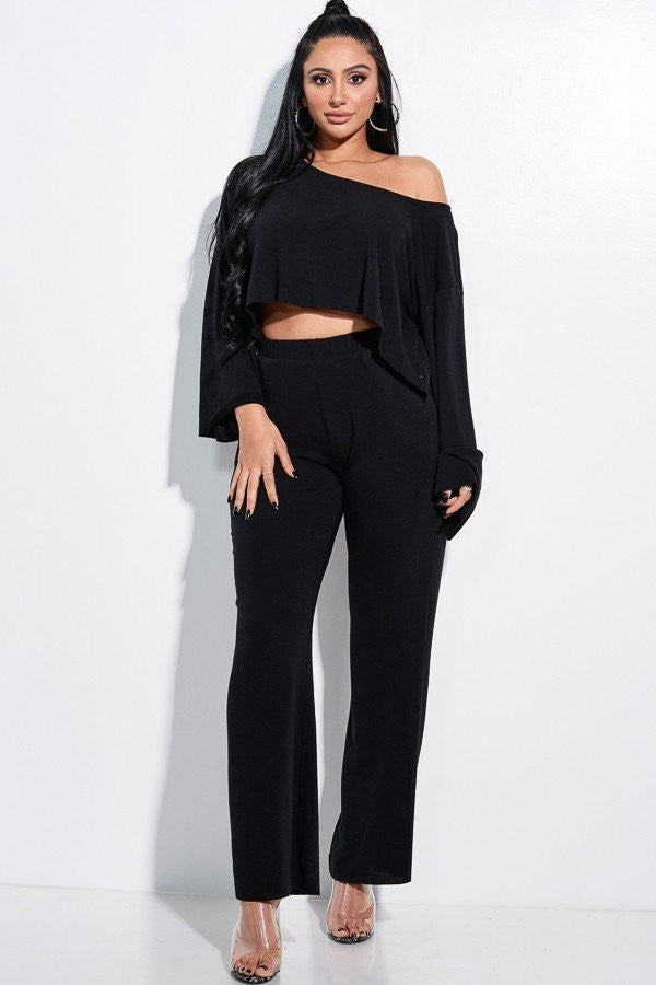 Solid French Terry Long Slouchy Long Sleeve Top And Pants With Pockets Two Piece Set - Marie Lashaays 