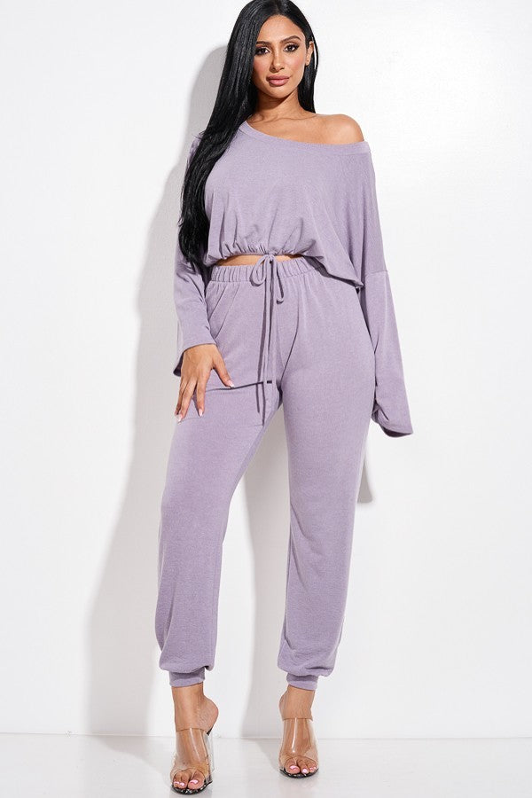 Solid French Terry Long Sleeve Tie Front Slouchy Top And Jogger Pants Two Piece Set - Marie Lashaays 