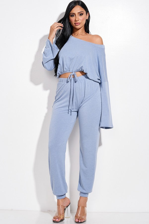 Solid French Terry Long Sleeve Tie Front Slouchy Top And Jogger Pants Two Piece Set - Marie Lashaays 