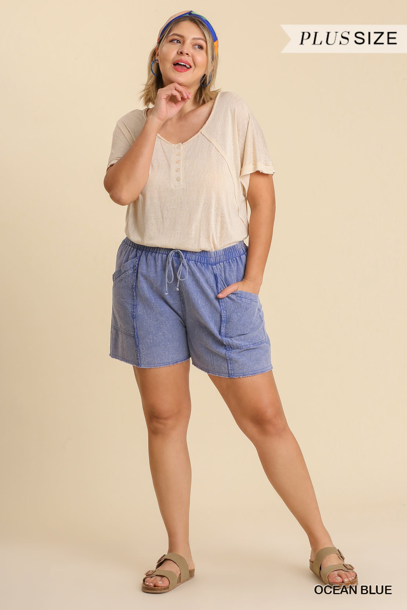 Mineral Wash Frayed Edged Elastic Waistband And Drawstring Shorts With Pockets - Marie Lashaays 