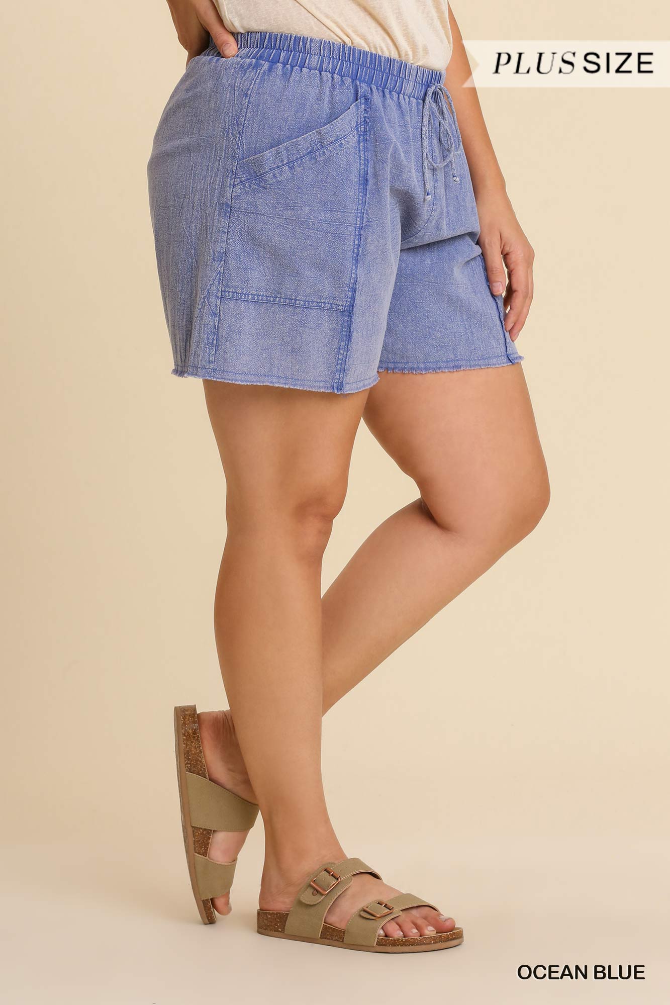 Mineral Wash Frayed Edged Elastic Waistband And Drawstring Shorts With Pockets - Marie Lashaays 