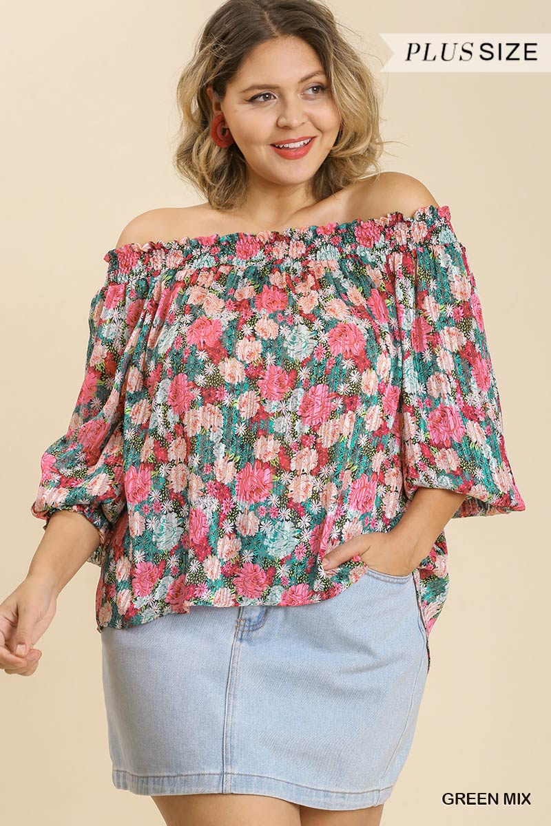 Sheer Floral Print Metallic Threading Long Sleeve Off Shoulder Top With High Low Hem - Marie Lashaays 