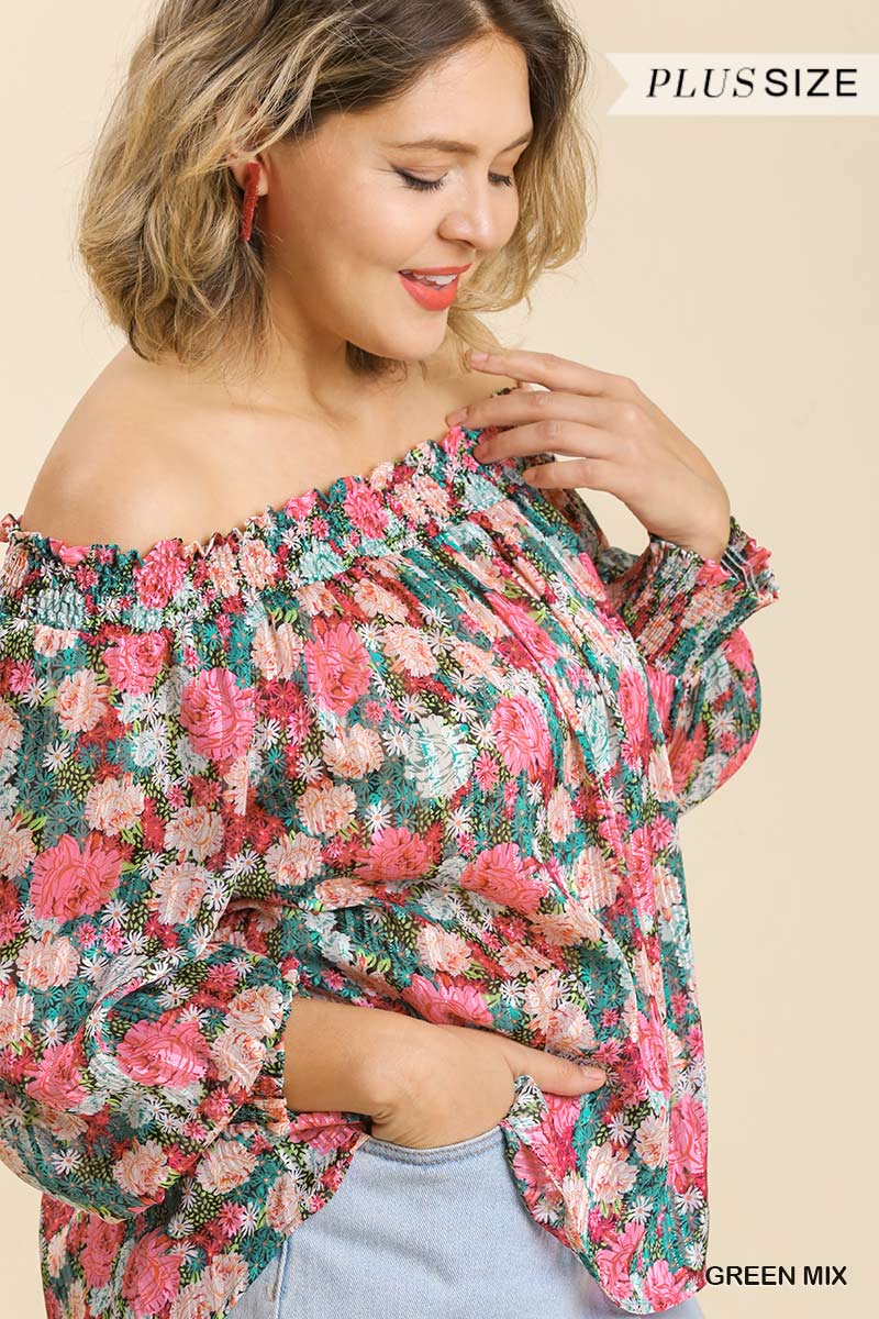 Sheer Floral Print Metallic Threading Long Sleeve Off Shoulder Top With High Low Hem - Marie Lashaays 