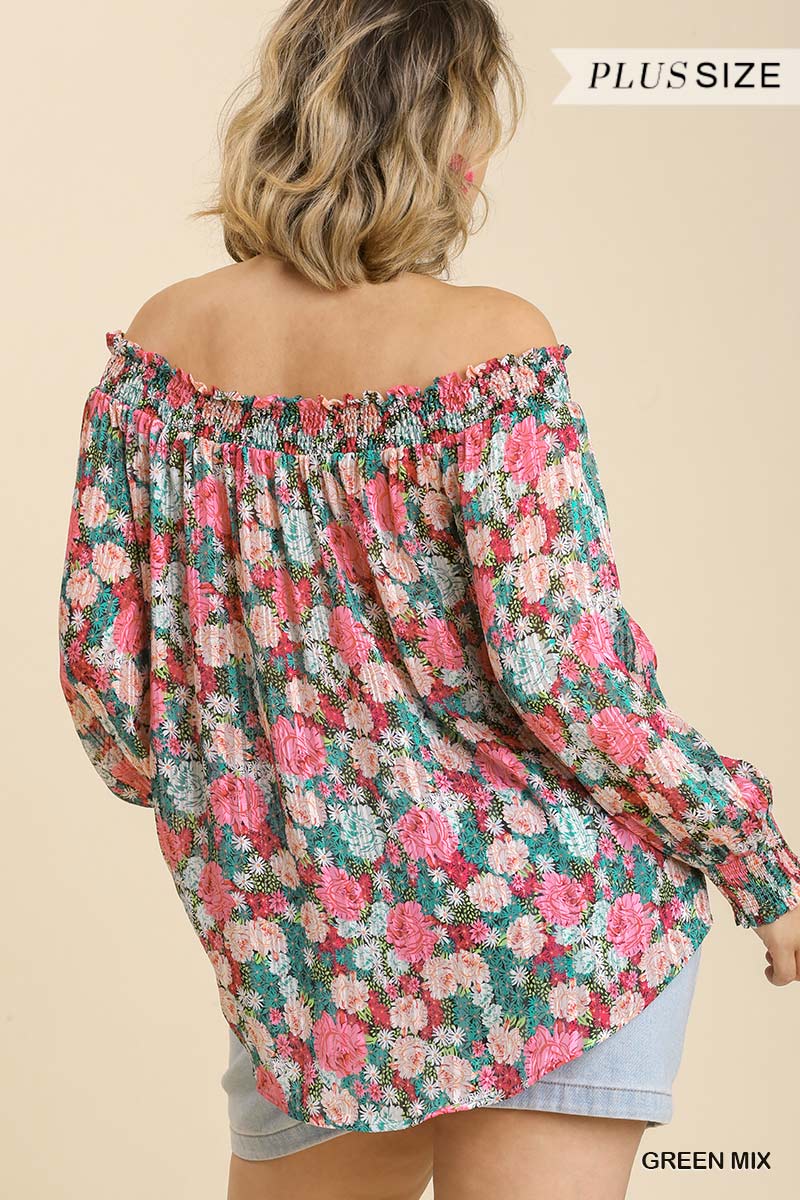 Sheer Floral Print Metallic Threading Long Sleeve Off Shoulder Top With High Low Hem - Marie Lashaays 