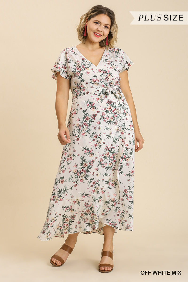 Floral Print Wrapped Short Ruffle Sleeve Maxi Dress With No Lining - Marie Lashaays 