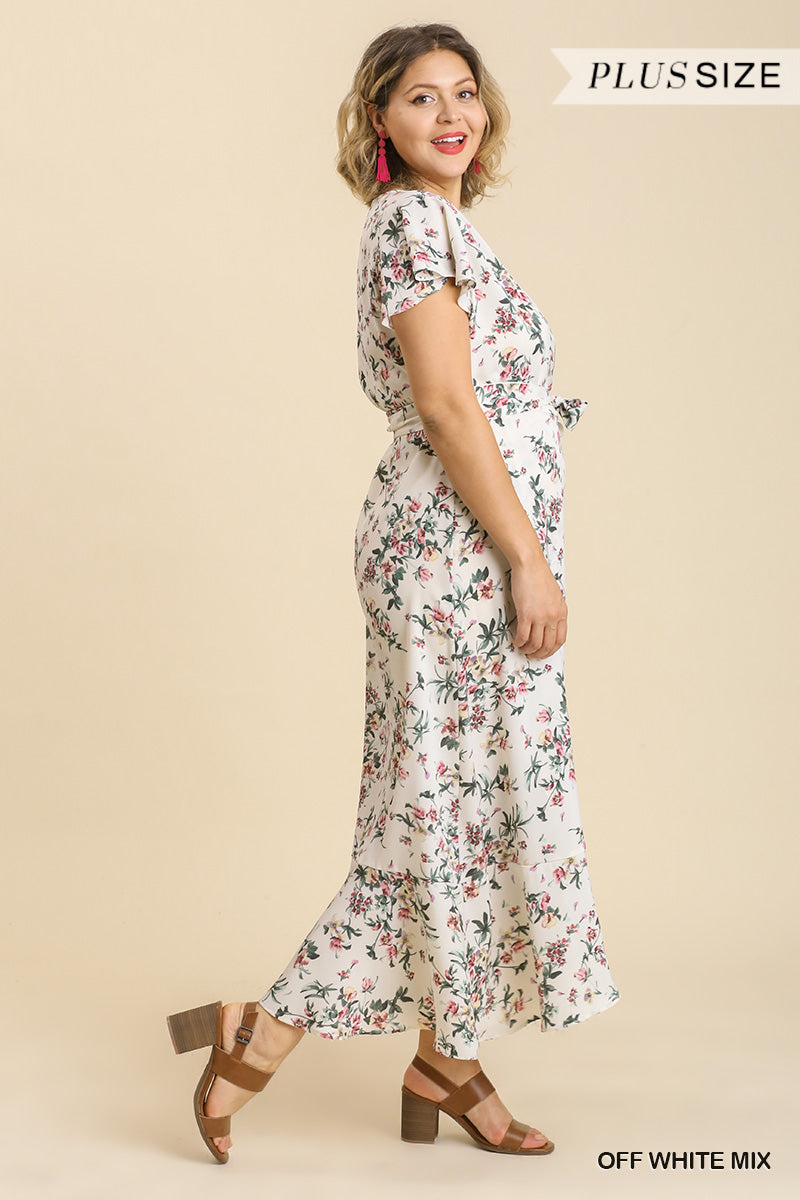 Floral Print Wrapped Short Ruffle Sleeve Maxi Dress With No Lining - Marie Lashaays 