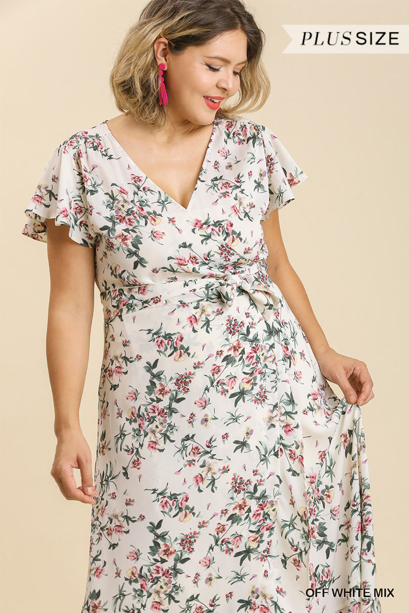 Floral Print Wrapped Short Ruffle Sleeve Maxi Dress With No Lining - Marie Lashaays 