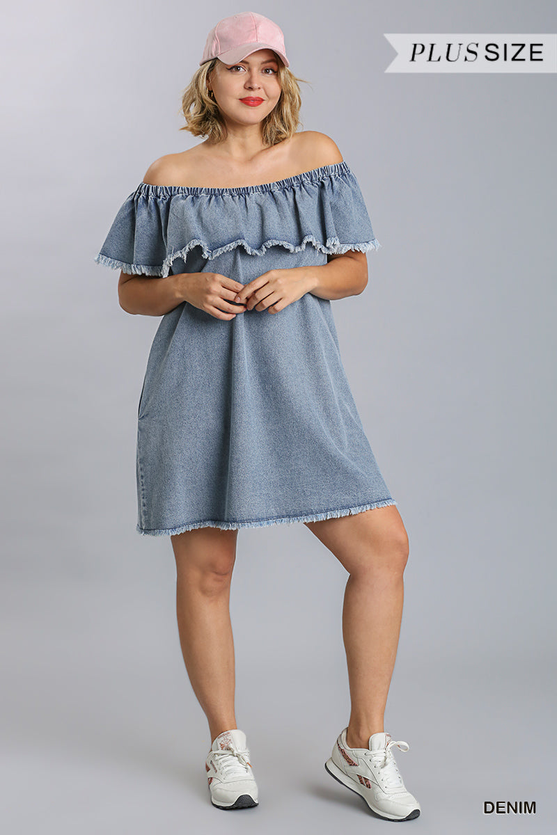 Off Shoulder Ruffled Denim Dress With Frayed Hem & Pockets - Marie Lashaays 