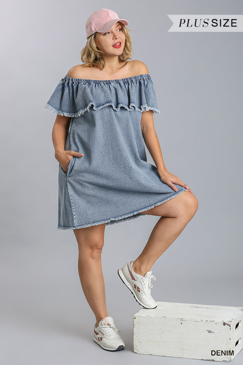 Off Shoulder Ruffled Denim Dress With Frayed Hem & Pockets - Marie Lashaays 