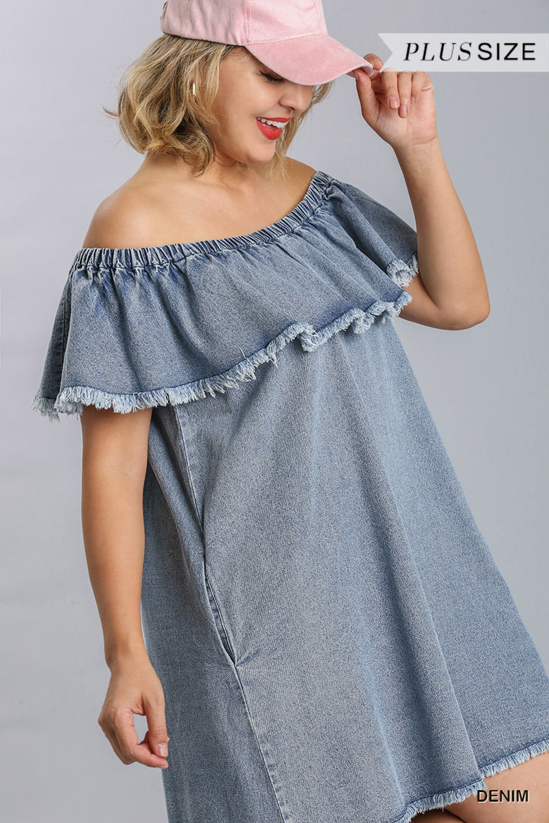 Off Shoulder Ruffled Denim Dress With Frayed Hem & Pockets - Marie Lashaays 