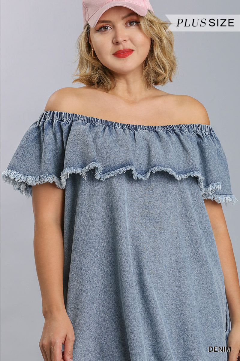 Off Shoulder Ruffled Denim Dress With Frayed Hem & Pockets - Marie Lashaays 