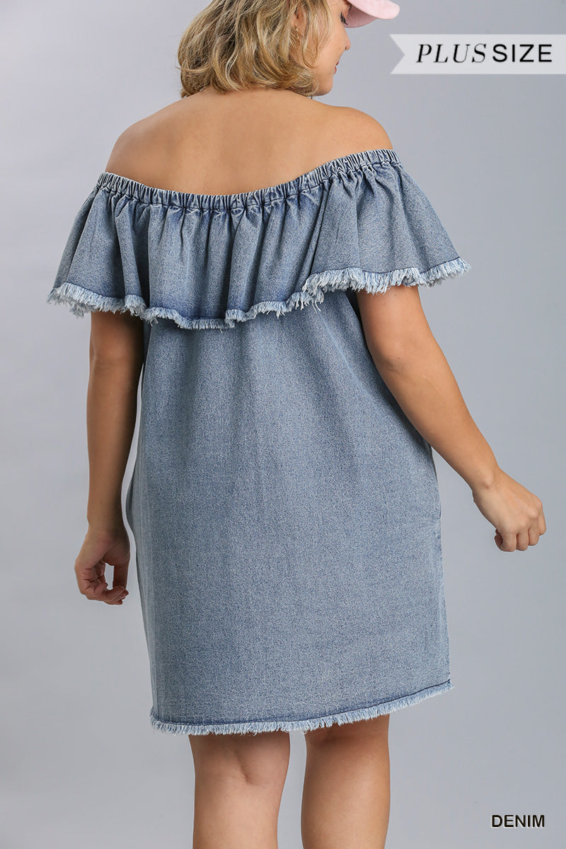 Off Shoulder Ruffled Denim Dress With Frayed Hem & Pockets - Marie Lashaays 