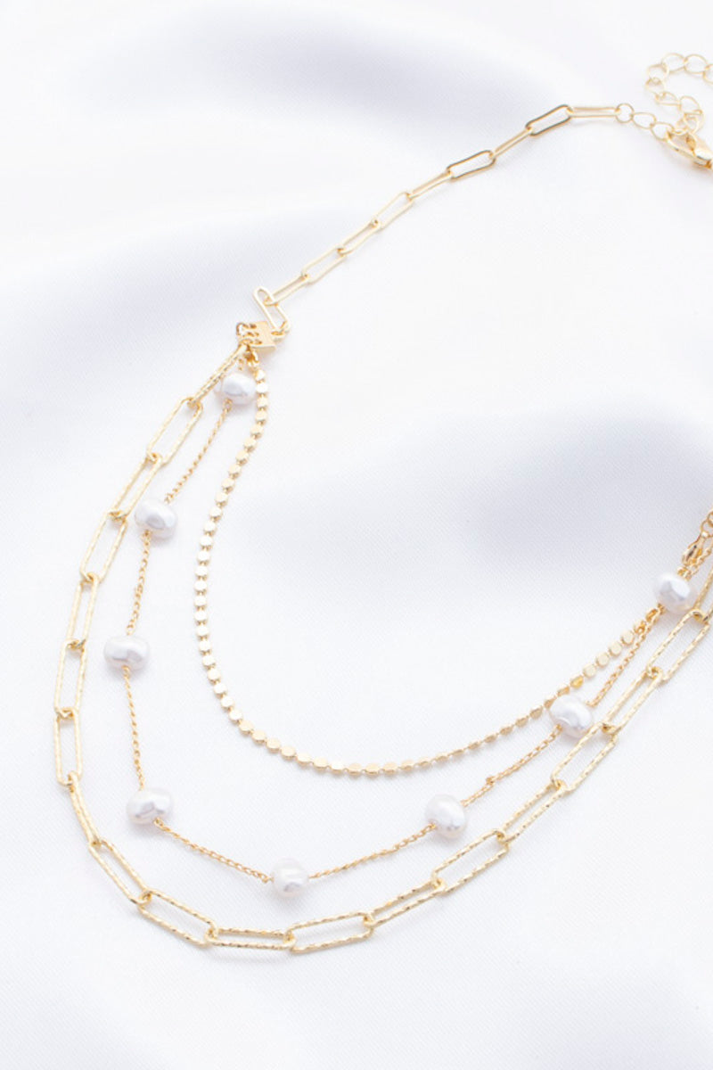 Pearl Beaded Oval Link Layered Necklace - Marie Lashaays 