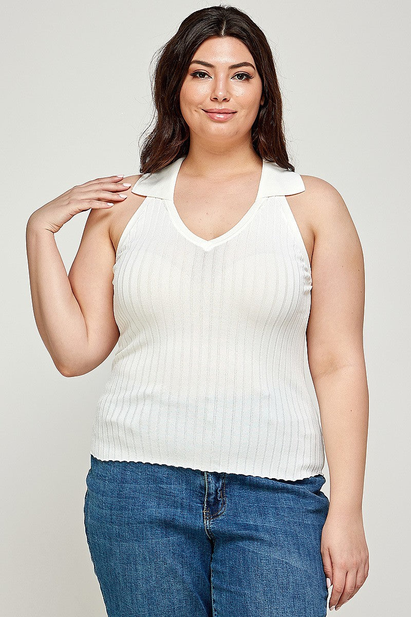 Plus Size, Solid Ribbed Knit Polo Sleeveless Top - Marie Lashaays 